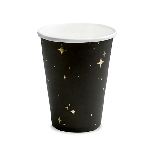 Black and Gold Star Paper Cups on a white background