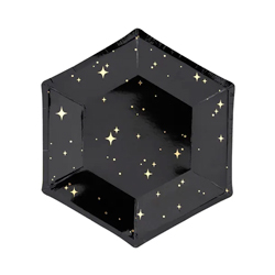 Black and Gold Star Paper Plates on a white background