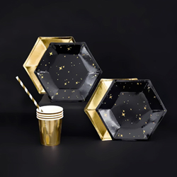 Black and Gold Star Paper Plates on a black background with gold cups