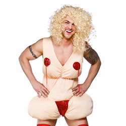 Close up of man wearing Burlesque Betty Costume on a white background