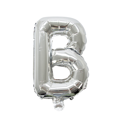 A silver B balloon on a white background