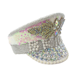 Angled view of Bride Pearl Sequin Captain Hat on a white background