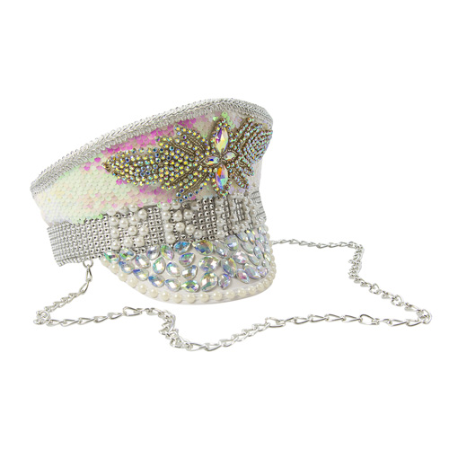 Angled view of Bride Pearl Sequin Captain Hat on a white background