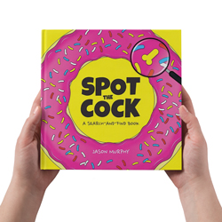 Man holding Spot the Cock book on a white background
