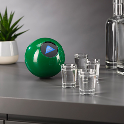 Mystery 8 Ball Drinking Game with shots on a kitchen bench