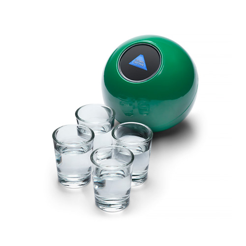 Mystery 8 Ball Drinking Game with shots on a white background