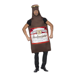 Man wearing Studmeister Beer Bottle Costume on a white background