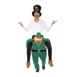 Man wearing Piggyback Leprechaun Costume on a white background