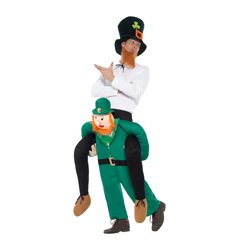 Man wearing Piggyback Leprechaun Costume on a white background