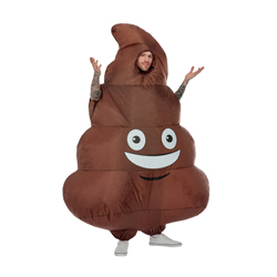 Man wearing inflatable poop costume on a white background