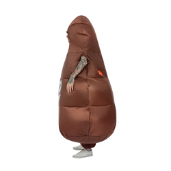 Man wearing inflatable poop costume on a white background