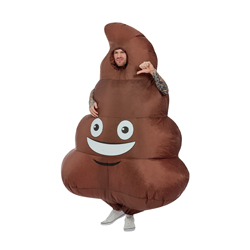 Man wearing inflatable poop costume on a white background