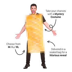 A pixelated Mystery Stag Do costume showing available sizes and reasons to buy overlaid