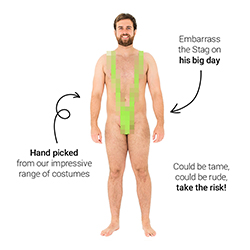 A brave man wearing a pixelated revealing mystery stag night costume. Overlaid with text - Embarrass the stag