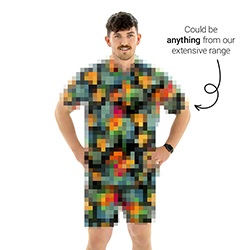 A stag wearing a pixelated colourful mystery stag night shirt. Overlaid with text - Could be anything from our extensive range