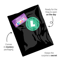 A colourfully packaged mystery stag do costume, complete with stickers, showing how the stag will receive the item, adding to the surprise 