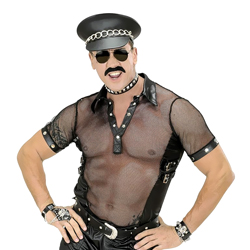 Model posing in fish net shirt on a white background