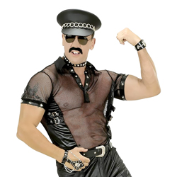 Model posing in fish net shirt on a white background