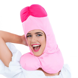 Woman wearing willy headpiece on a white background