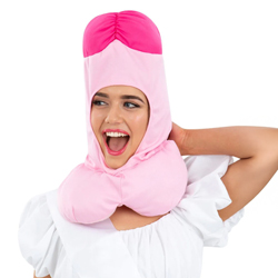 Woman wearing willy headpiece on a white background