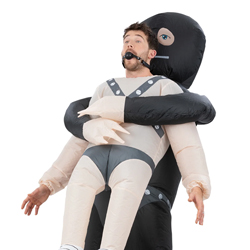 Inflatable gimp costume on a white background