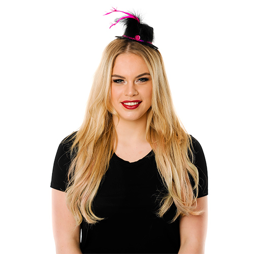 Model Wearing Mini Black Top Hat With Pink Trim