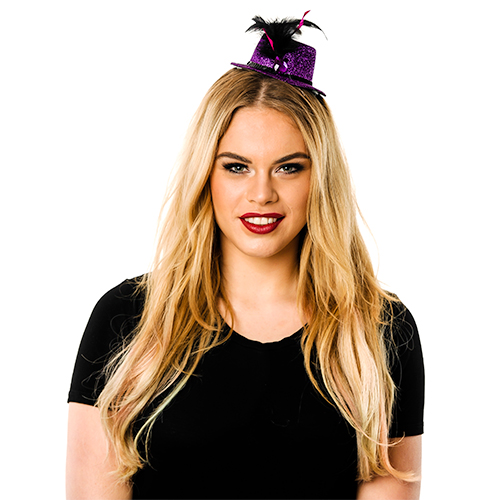 Model Wearing Glitter Finish Purple Top Hat With Trim