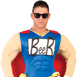 A duff man style stag do fancy dress outfit with a muscly chest and arms with beer on the chest and a red cape 