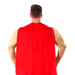The back of a duff man style stag fancy dress costume with big muscly arms and a red cape 