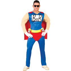 A duff man style stag do fancy dress outfit with a muscly chest and arms with beer on the chest and a red cape 
