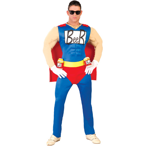 A duff man style stag do fancy dress outfit with a muscly chest and arms with beer on the chest and a red cape 
