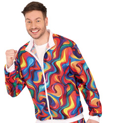 A male model wearing a very bright coloured tracksuit that has a psychedelic pattern 