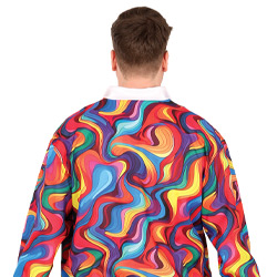 A view of the back of a male model wearing a very bright coloured tracksuit that has a psychedelic pattern 