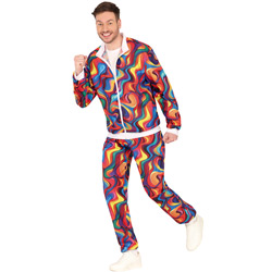 A full length picture of male model wearing a very bright coloured tracksuit that has a psychedelic pattern