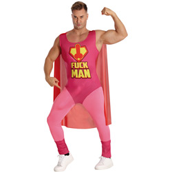 A male model wearing a super hero stag do costume that reads fuck man on the chest with a willy icon as a super hero style logo