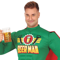 A male model wearing a beer themed super hero stag do costume that reads Beer Man on the chest with the male model holding a pint up 