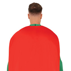 The back of a male model wearing a beer man super hero themed stag do outfit with a red cape