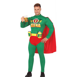 A male model wearing a beer themed super hero stag do costume that reads Beer Man on the chest with the male model holding a pint up 