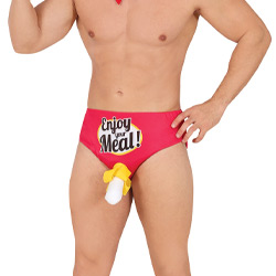 A male model wearing underpants that read enjoy your meal with his penis in a piece of material that looks like a banana 