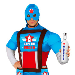 A male model wearing a vodka themed superhero costume with Captain Vodka on the chest and the model holding a bottle of vodka