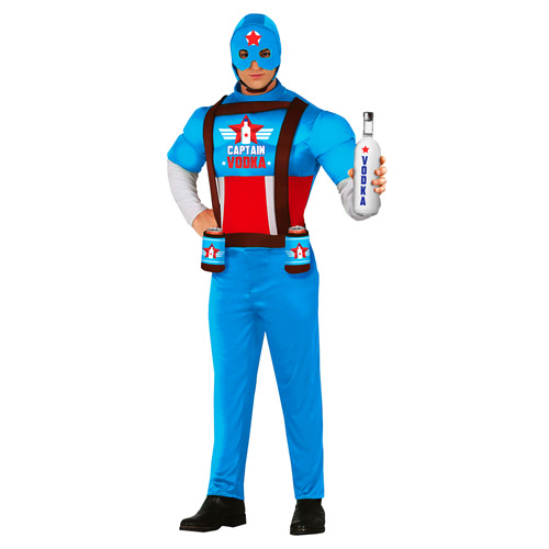 A male model wearing a vodka themed superhero costume with Captain Vodka on the chest and the model holding a bottle of vodka