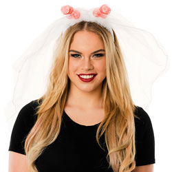 Model Wearing Veil With Willy Headboppers In Front Of White Background