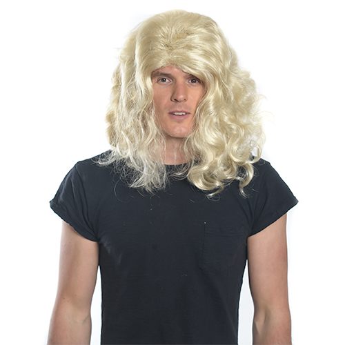 A manwearing a blonde wig.