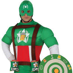 A male model wearing a beer themed super hero outfit that comes complete with two pouches for beer and a shield that has a drinking game on it 