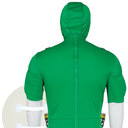 A back view of a male model wearing a beer themed super hero outfit that comes complete with two pouches for beer and a shield that has a drinking game on it 