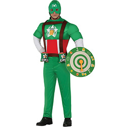 A full length picture of a male model wearing a beer themed super hero outfit that comes complete with two pouches for beer and a shield that has a drinking game on it 