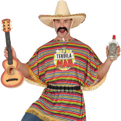 A male model wearing a Mexian hat, fake moustache and a jazzy Mexican coloured poncho with a Tequila man logo on the chest 