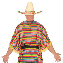 A back view of a male model wearing a Mexican hat and a jazzy Mexican coloured poncho with a Tequila man logo on the chest 