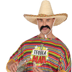 A male model wearing a Mexian hat, fake moustache and a jazzy Mexican coloured poncho with a Tequila man logo on the chest 