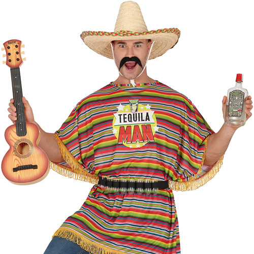A male model wearing a Mexian hat, fake moustache and a jazzy Mexican coloured poncho with a Tequila man logo on the chest 